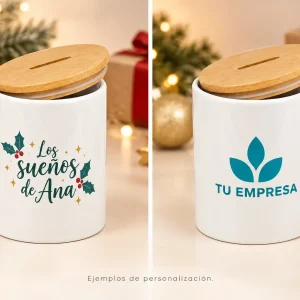 Hucha cerámica blanca + tapa bambú — Ejemplos ilustrativos de personalización para Navidad y empresas