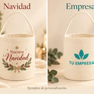 Cesta símil lino personalizable — Ejemplos ilustrativos de personalización para Navidad y empresas
