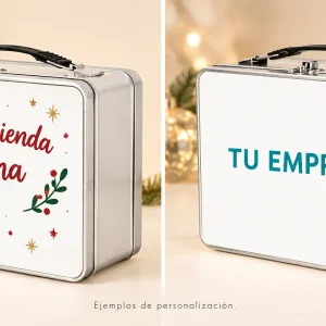 Lunchbox retro aluminio personalizable — Ejemplos ilustrativos de personalización para Navidad y empresas
