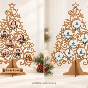 Árbol sobremesa + 8 adornos — Ejemplos ilustrativos de personalización para Navidad y empresas