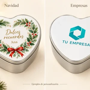 Caja metálica galletas/bombones — Ejemplos ilustrativos de personalización para Navidad y empresas
