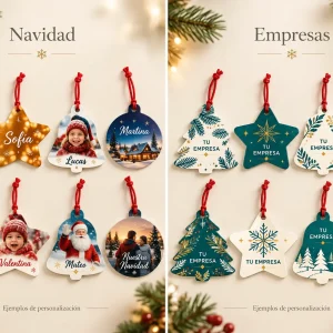 Adornos hoja A4 pack 8 — Ejemplos ilustrativos de personalización para Navidad y empresas