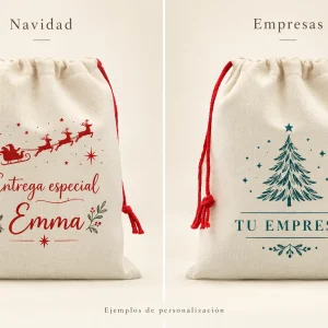 Saco Papá Noel lino — Ejemplos ilustrativos de personalización para Navidad y empresas