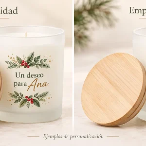 Vela aromática tapa bambú — Ejemplos ilustrativos de personalización para Navidad y empresas