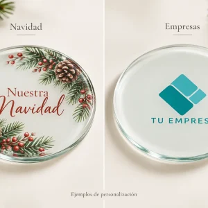 Posavasos cristal 3D — Ejemplos ilustrativos de personalización para Navidad y empresas
