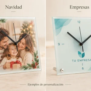Reloj cristal esmerilado — Ejemplos ilustrativos de personalización para Navidad y empresas