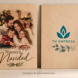 Panel madera natural — Ejemplos ilustrativos de personalización para Navidad y empresas