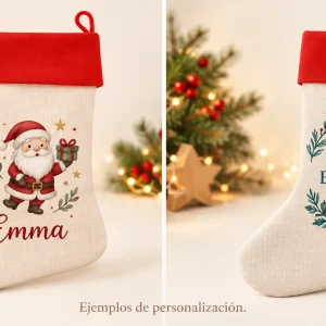 Calcetín de Navidad tipo lino — Ejemplos ilustrativos de personalización para Navidad y empresas