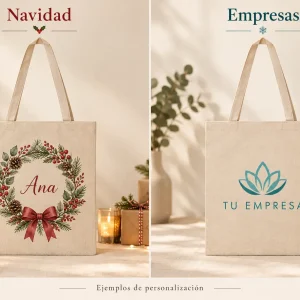 Tote bag símil lino 37×41,5 — Ejemplos ilustrativos de personalización para Navidad y empresas