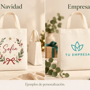 Tote bag símil lino con fuelle — Ejemplos ilustrativos de personalización para Navidad y empresas