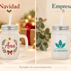 Jarra esmerilada con tapa y pajita 12 oz — Ejemplos ilustrativos de personalización para Navidad y empresas