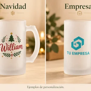 Jarra de cerveza cristal sublimable — Ejemplos ilustrativos de personalización para Navidad y empresas