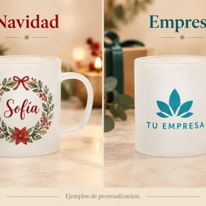 Taza cristal esmerilado — Ejemplos ilustrativos de personalización para Navidad y empresas