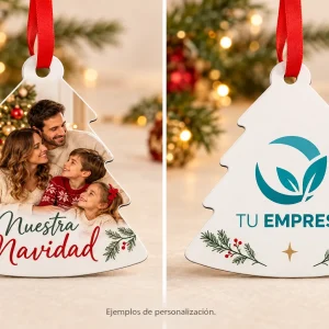 Adorno madera MDF árbol Navidad 2 caras — Ejemplos ilustrativos de personalización para Navidad y empresas